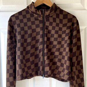 EUC H&M Zip Front Top in Brown Checkered